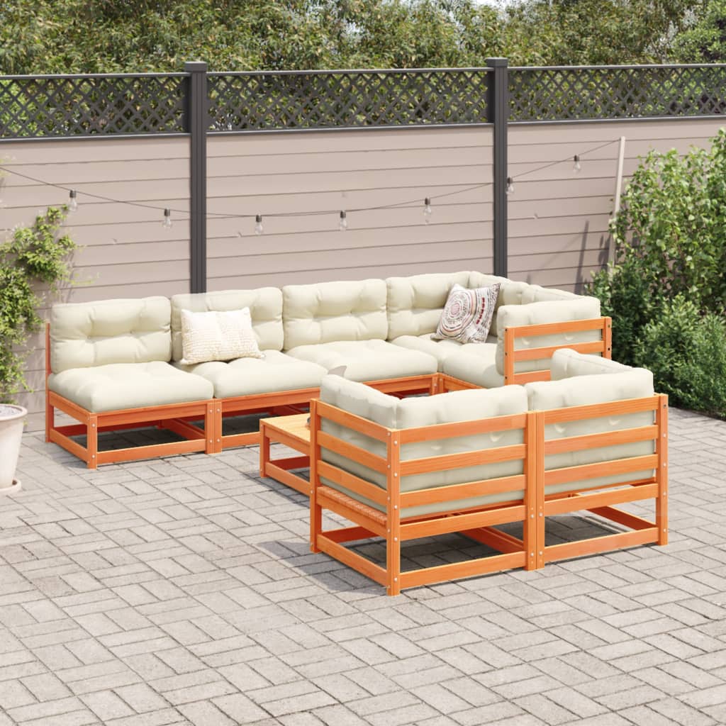 Salon de jardin 8 pcs avec coussins marron cire bois pin massif - XIOS