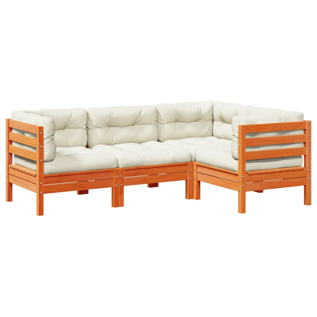 Salon de jardin 4 pcs avec coussins cire marron bois pin massif
