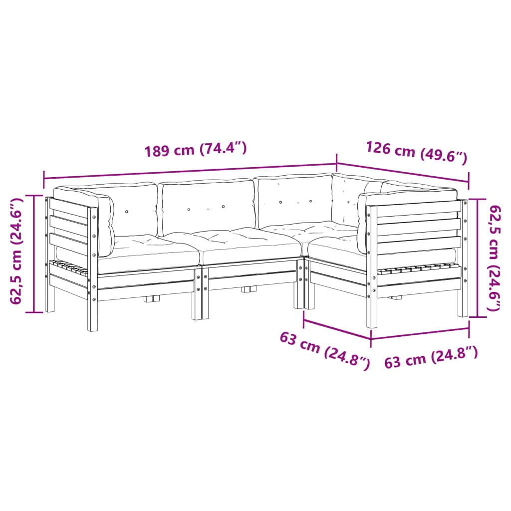 Salon de jardin 4 pcs avec coussins bois de pin imprégné - XIOS