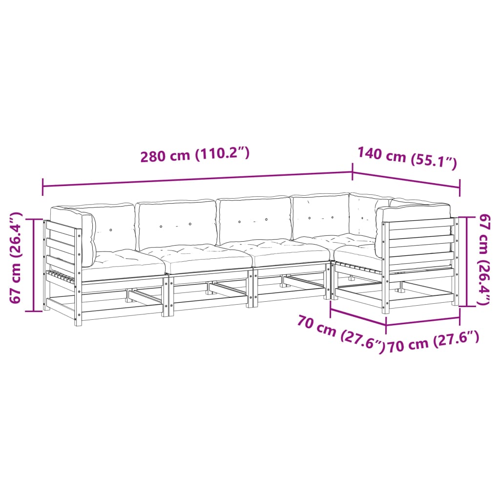 Salon de jardin 5 pcs avec coussins cire marron bois pin massif - XIOS