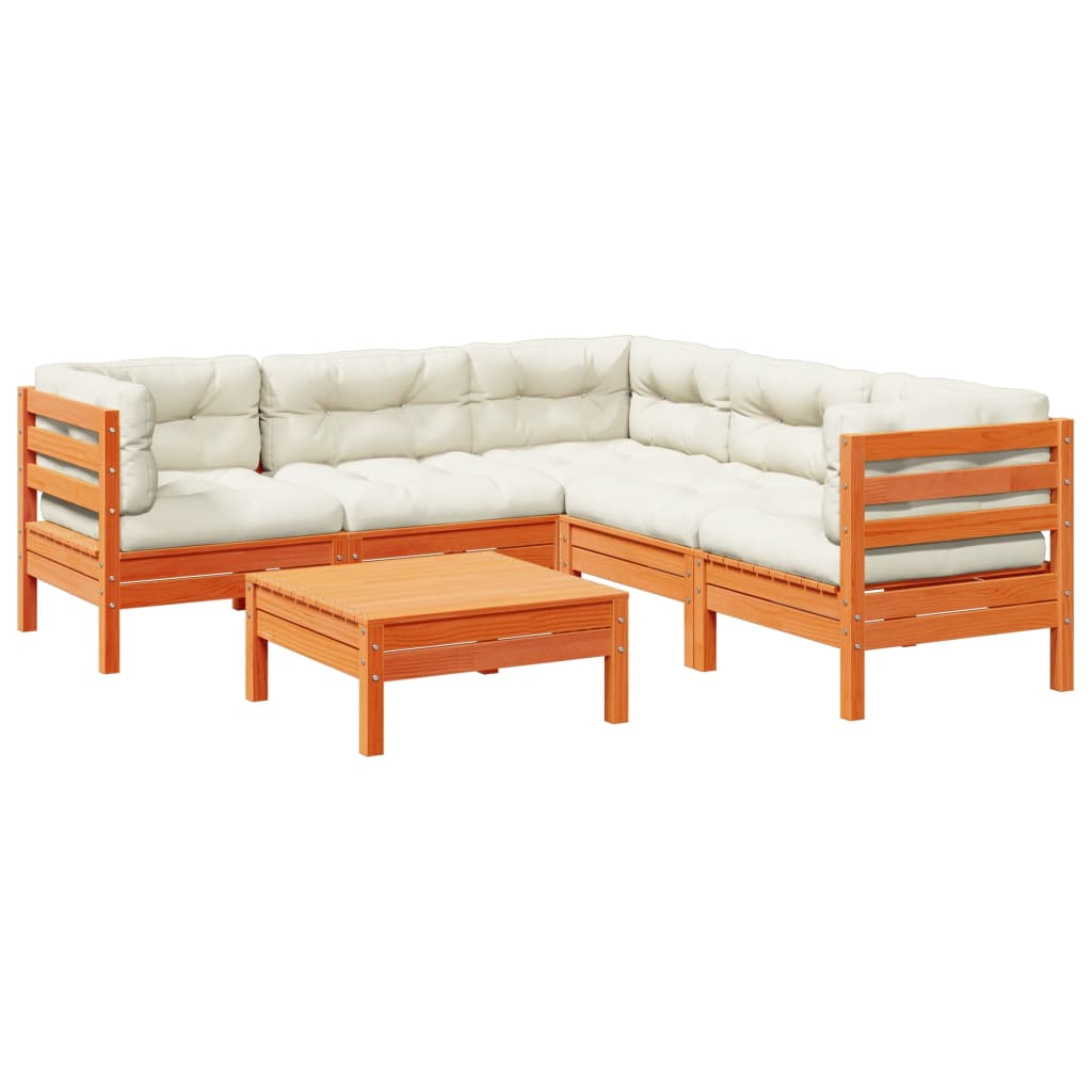 Salon de jardin 6 pcs avec coussins cire marron bois pin massif - XIOS