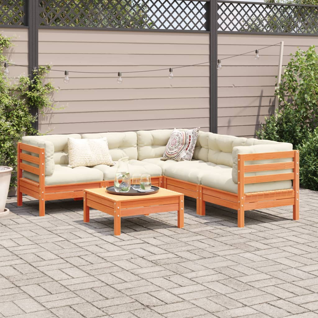 Salon de jardin 6 pcs avec coussins cire marron bois pin massif - XIOS