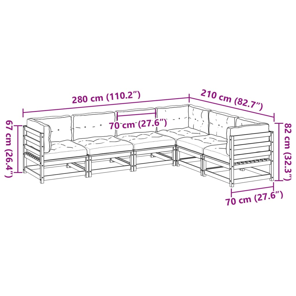 Salon de jardin 6 pcs avec coussins cire marron bois pin massif - XIOS