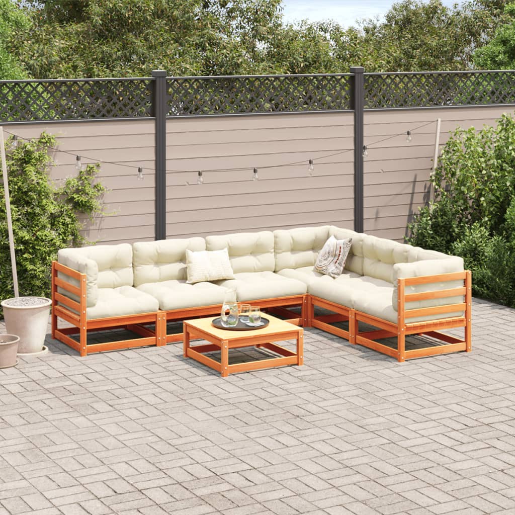 Salon de jardin 7 pcs avec coussins cire marron bois pin massif - XIOS