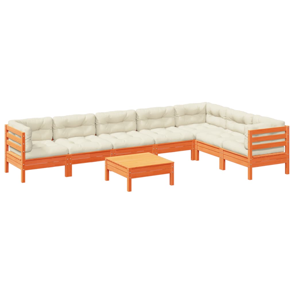 Salon de jardin 8 pcs avec coussins marron cire bois pin massif