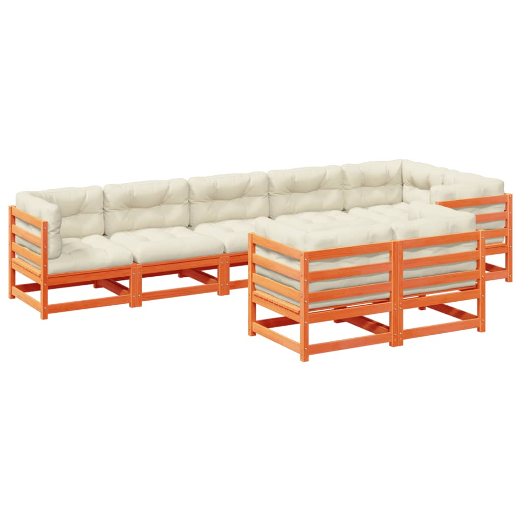 Salon de jardin 8 pcs avec coussins marron cire bois pin massif - XIOS