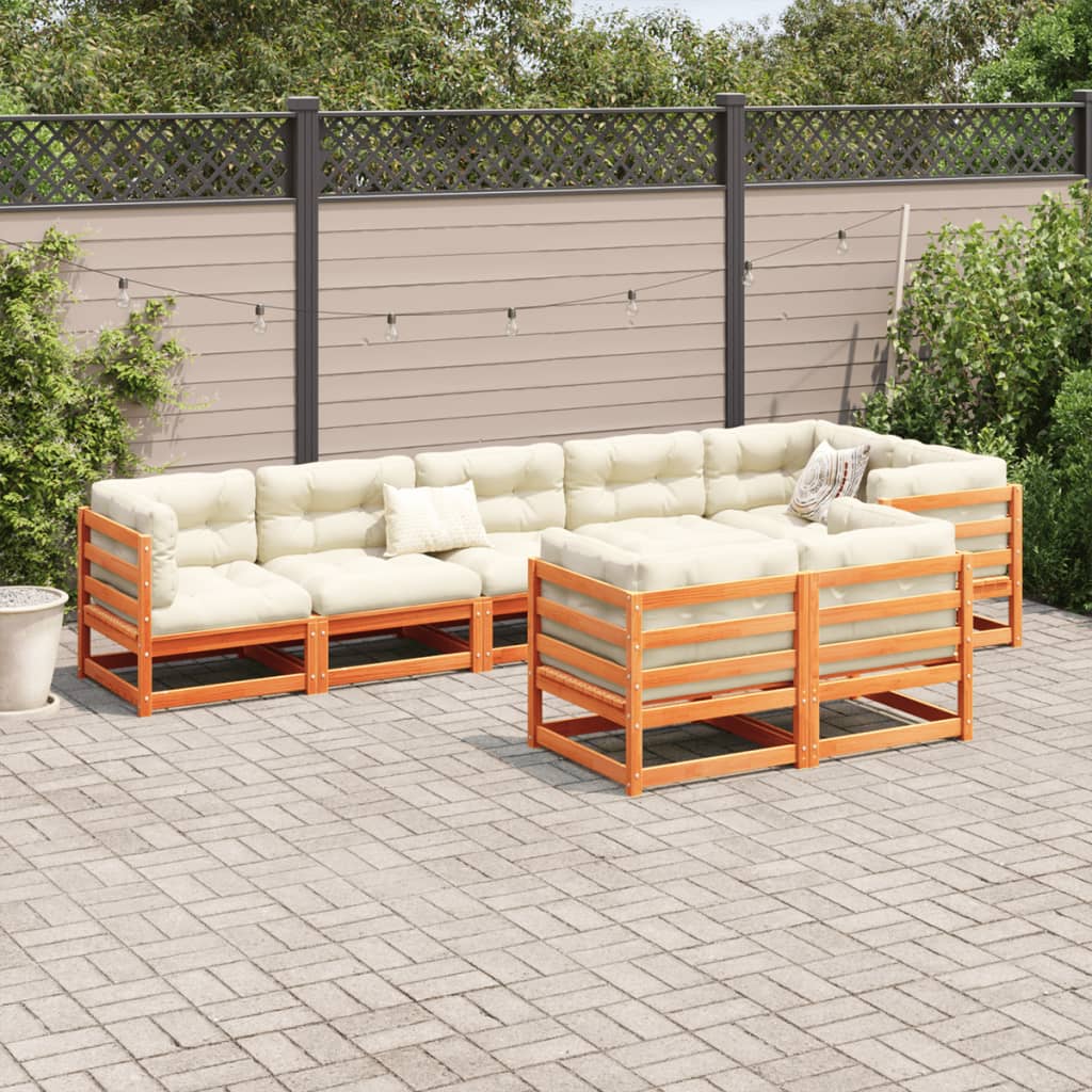 Salon de jardin 8 pcs avec coussins marron cire bois pin massif - XIOS