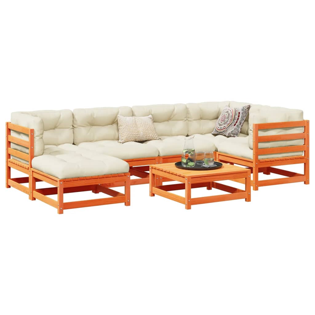 Salon de jardin 7 pcs avec coussins cire marron bois pin massif - XIOS