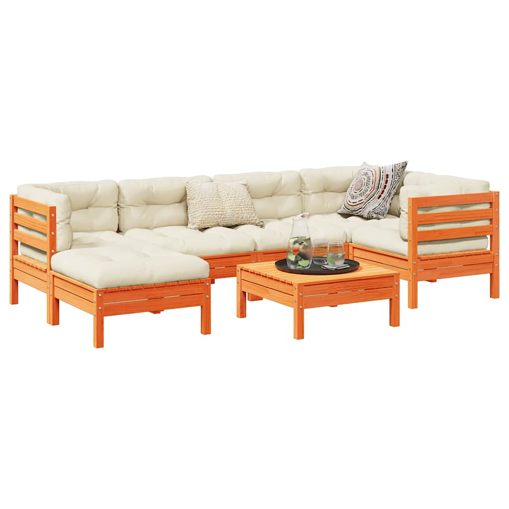 Salon de jardin 7 pcs avec coussins cire marron bois pin massif - XIOS