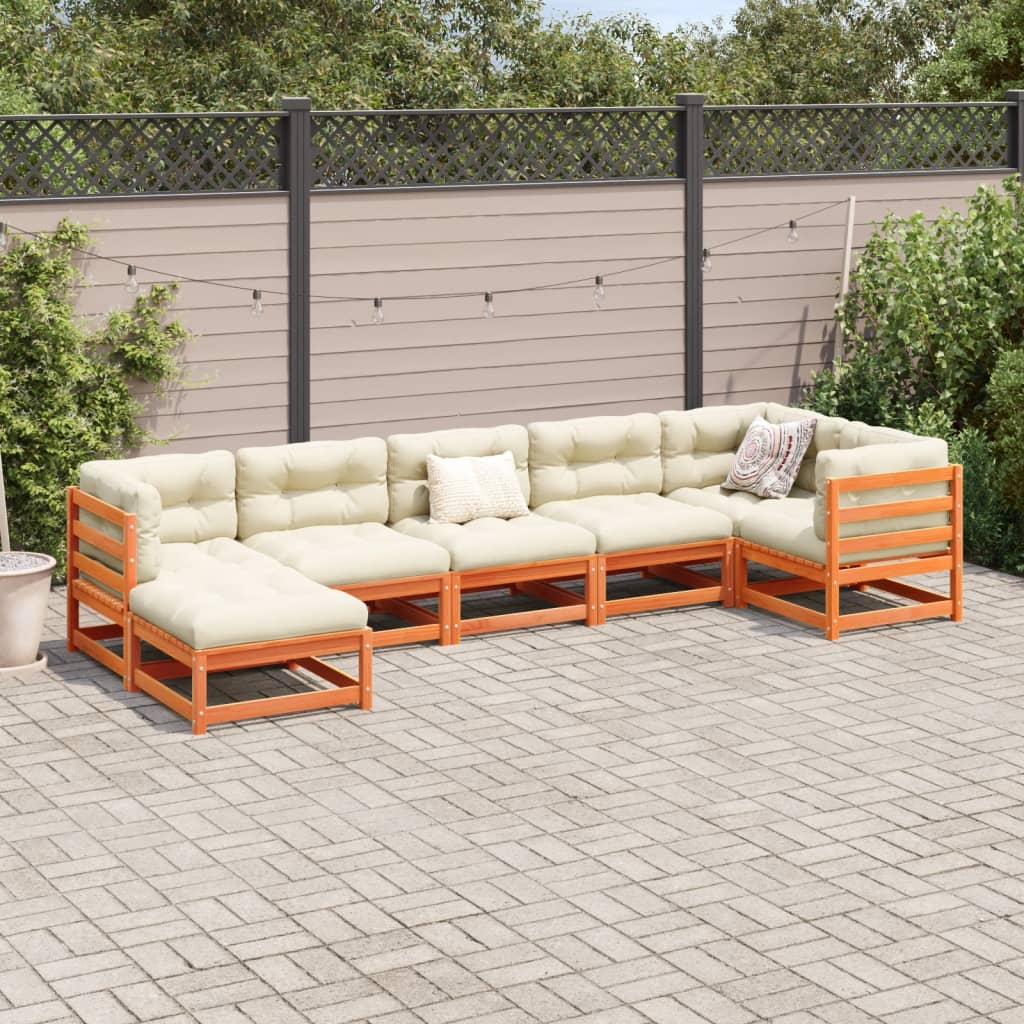 Salon de jardin 7 pcs avec coussins cire marron bois pin massif - XIOS