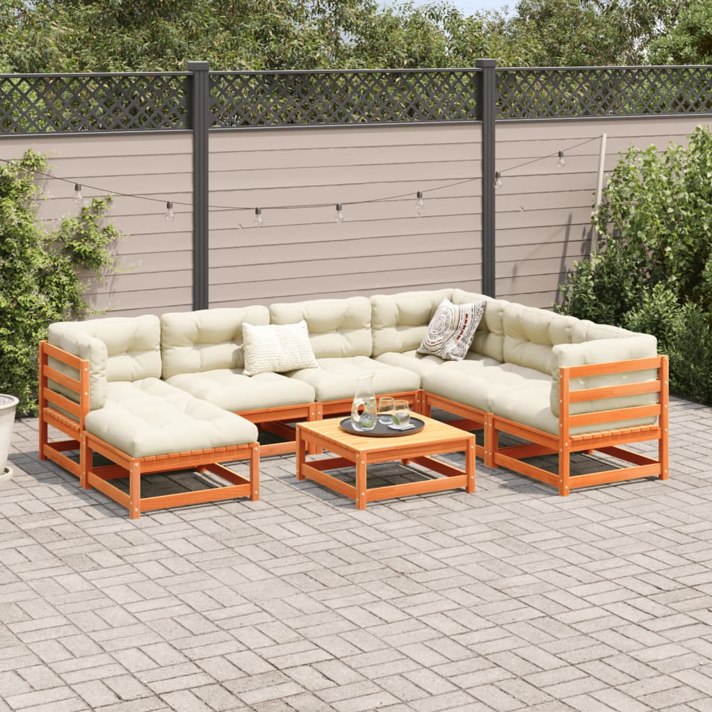 Salon de jardin 8 pcs avec coussins marron cire bois pin massif - XIOS