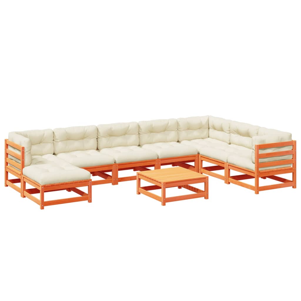 Salon de jardin 9 pcs avec coussins marron cire bois pin massif - XIOS