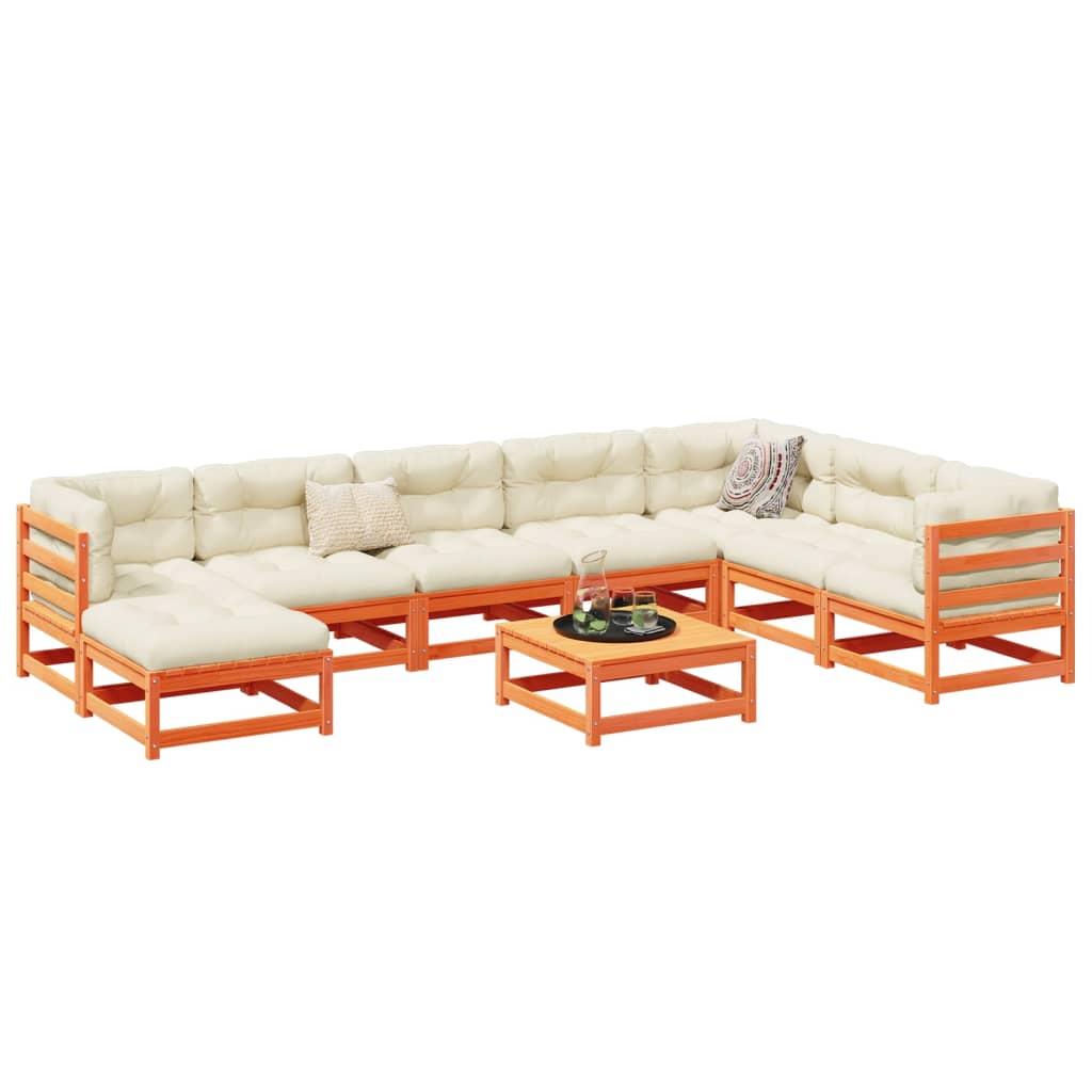 Salon de jardin 9 pcs avec coussins marron cire bois pin massif - XIOS