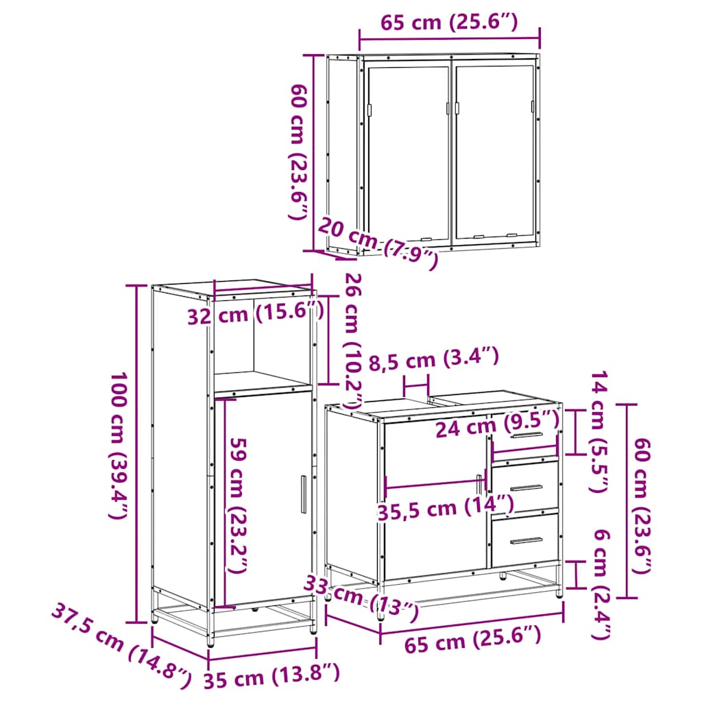 Ensemble de meubles de salle de bain 3 pcs chêne sonoma