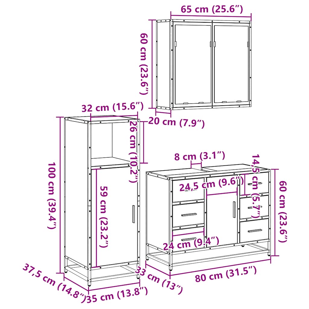 Ensemble de meubles de salle de bain 3 pcs chêne sonoma