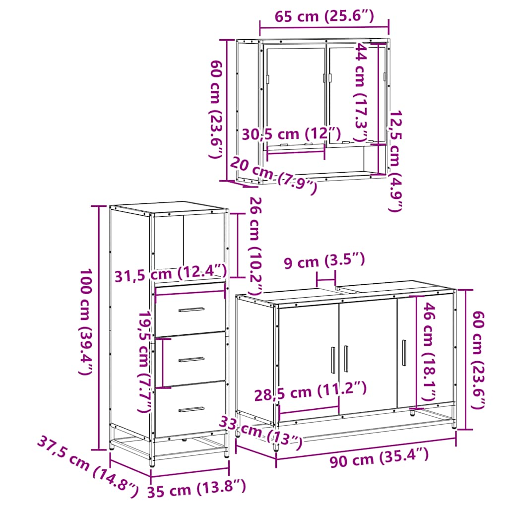 Ensemble de meubles de salle de bain 3 pcs Sonoma gris
