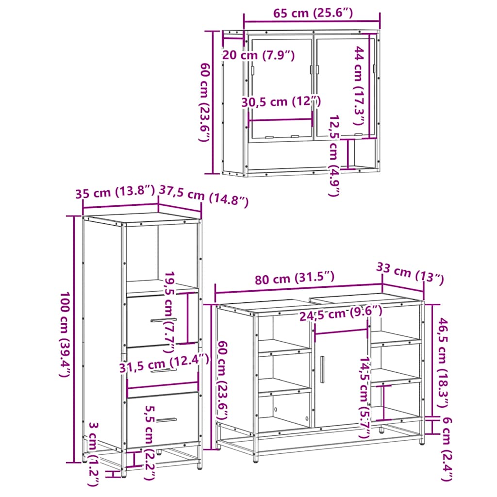 Ensemble de meubles de salle de bain 3 pcs Chêne fumé