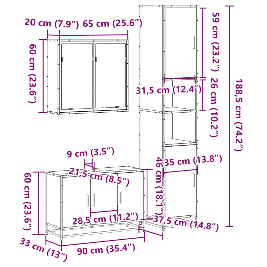 Ensemble de meubles de salle de bain 3 pcs chêne sonoma