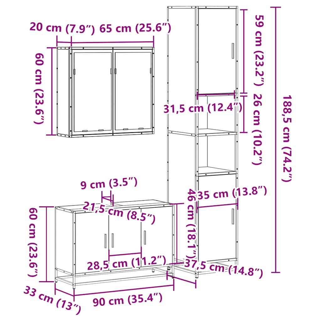 Ensemble de meubles de salle de bain 3 pcs Chêne fumé