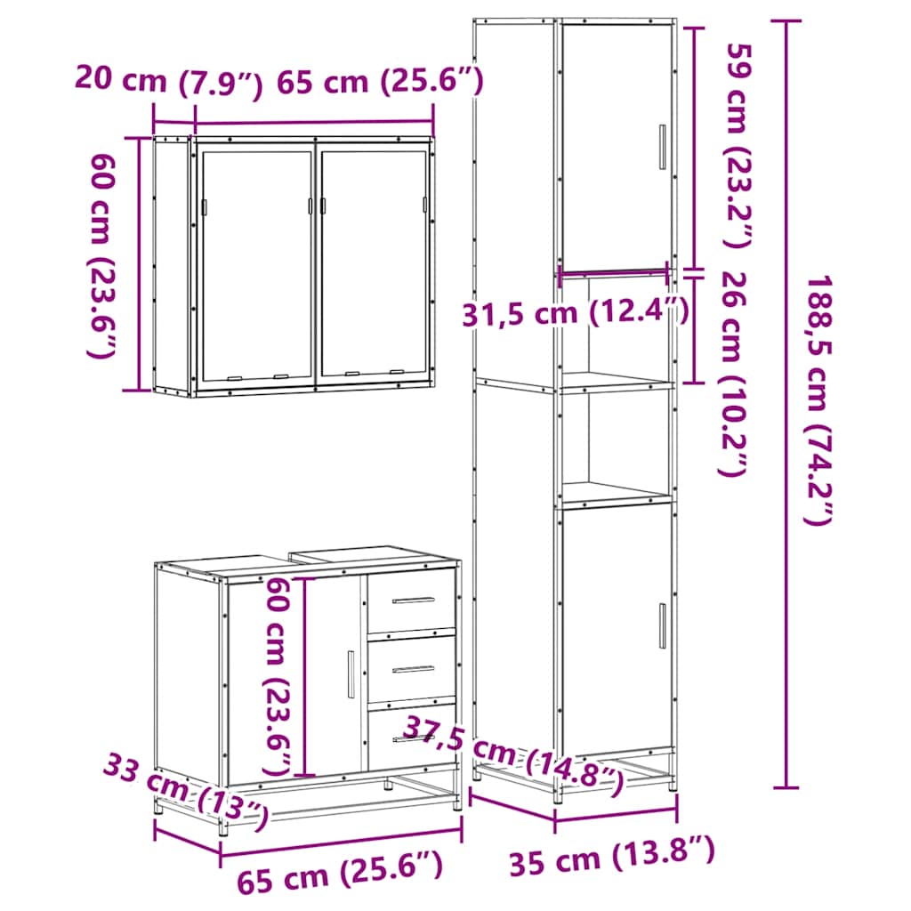 Ensemble de meubles de salle de bain 3 pcs chêne sonoma