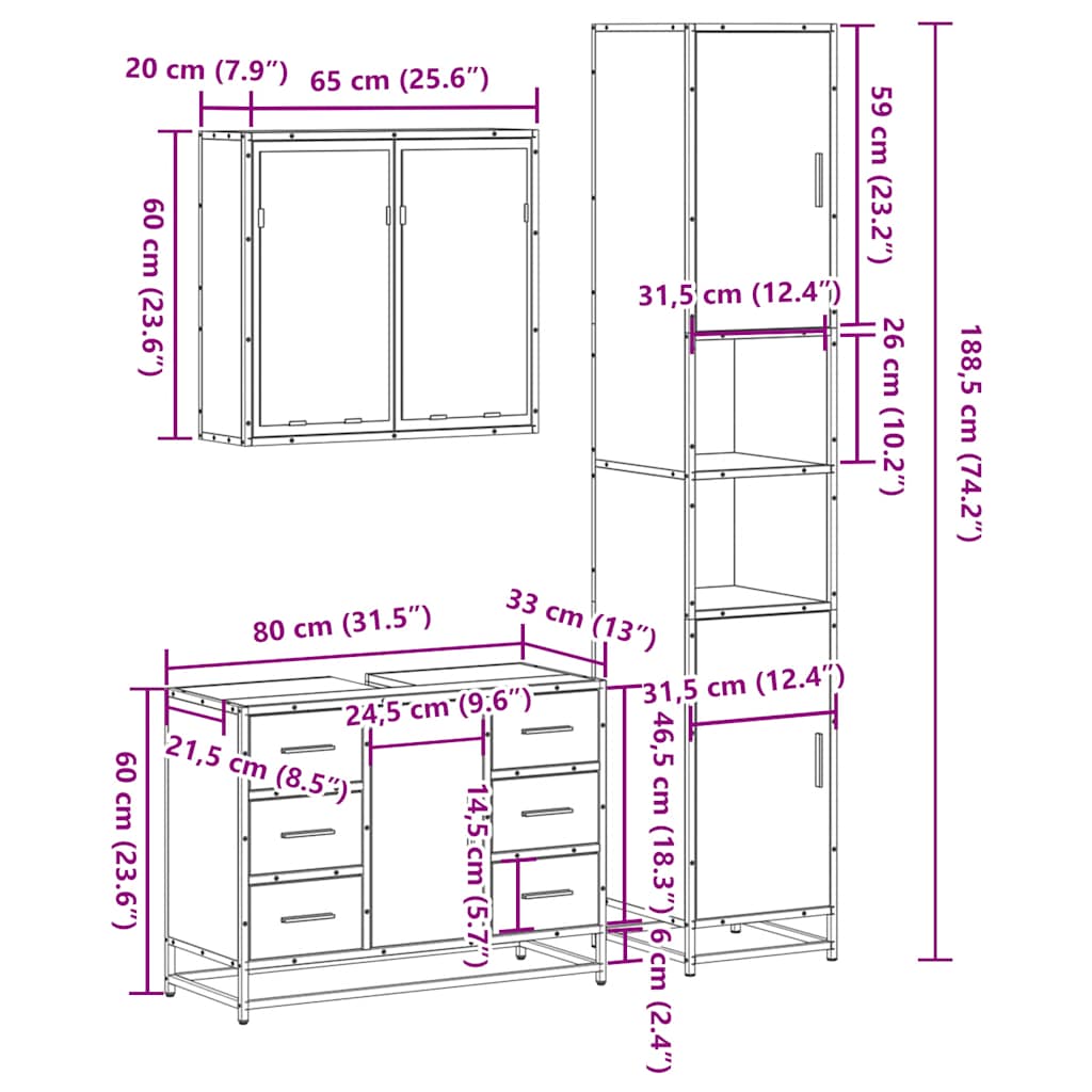 Ensemble de meubles de salle de bain 3 pcs chêne sonoma