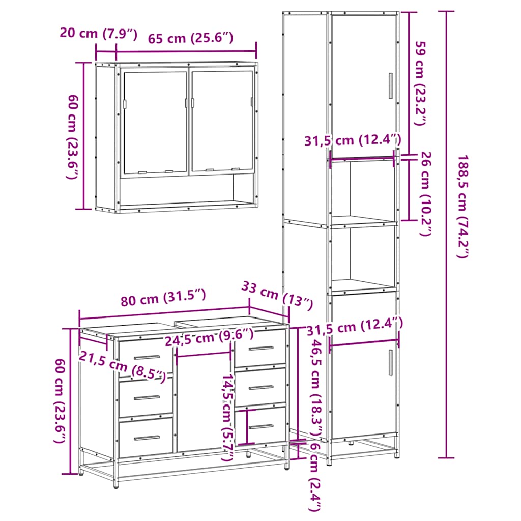 Ensemble de meubles de salle de bain 3 pcs chêne sonoma