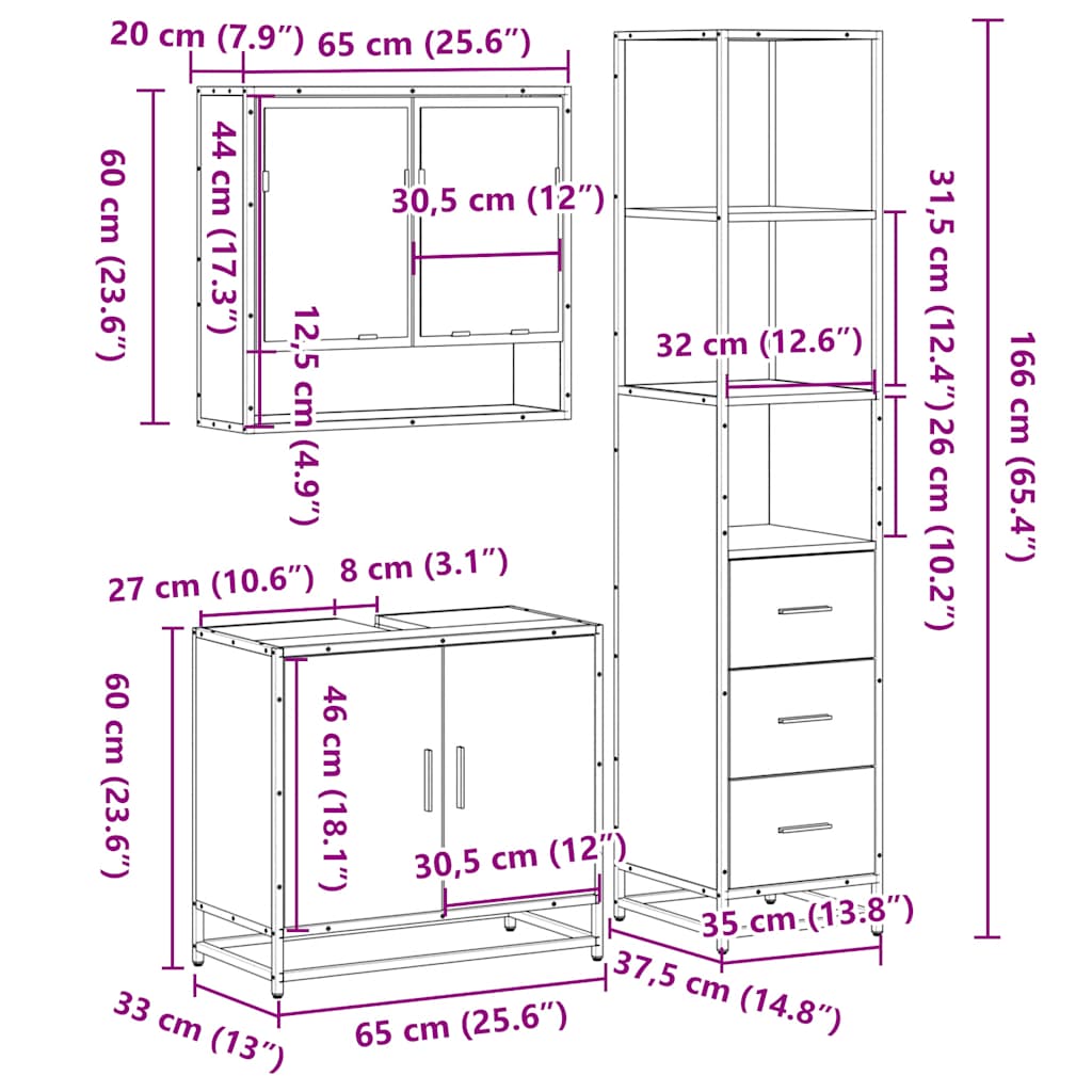 Ensemble de meubles de salle de bain 3 pcs chêne sonoma