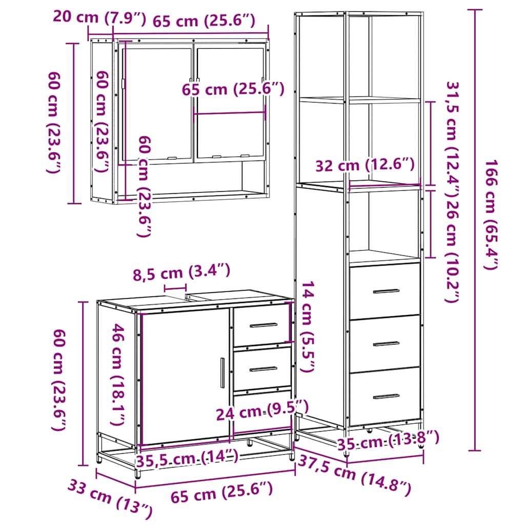 Ensemble de meubles de salle de bain 3 pcs Chêne fumé