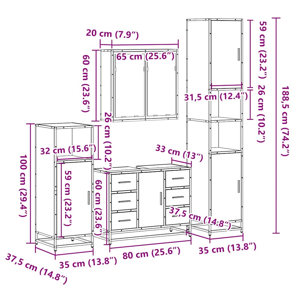 Ensemble de meubles de salle de bain 4 pcs chêne sonoma