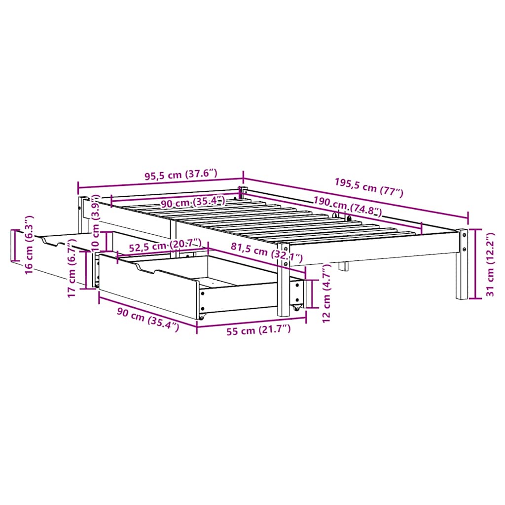 Cadre de lit sans matelas blanc 90x190 cm bois de pin massif - XIOS