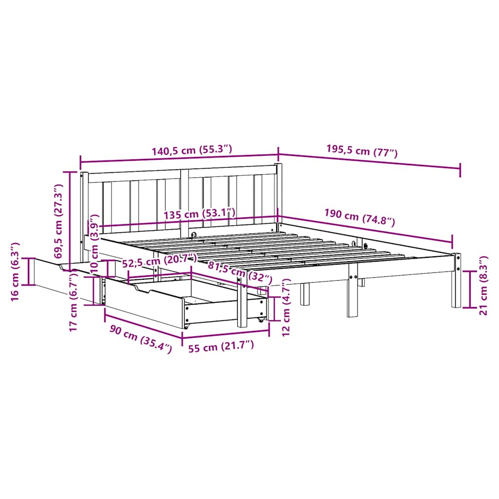 Cadre de lit sans matelas blanc 135x190 cm bois de pin massif - XIOS