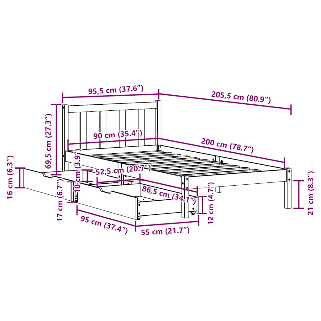 Cadre de lit sans matelas 90x200 cm bois de pin massif - XIOS