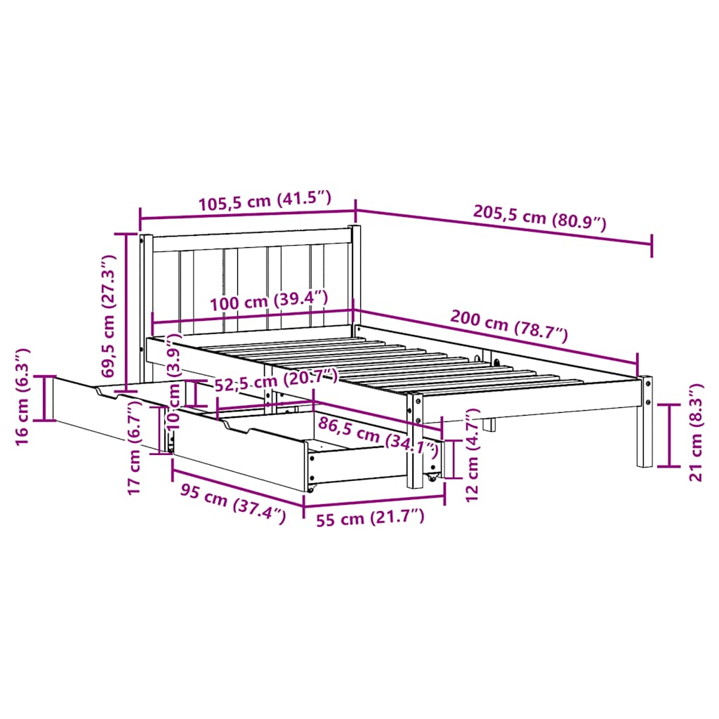 Cadre de lit sans matelas blanc 100x200 cm bois de pin massif - XIOS