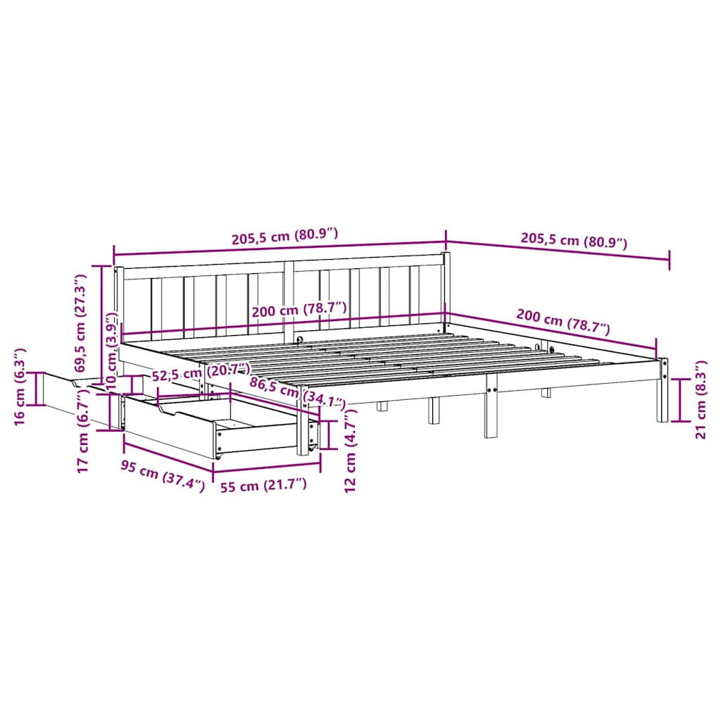 Cadre de lit sans matelas 200x200 cm bois massif de pin - XIOS