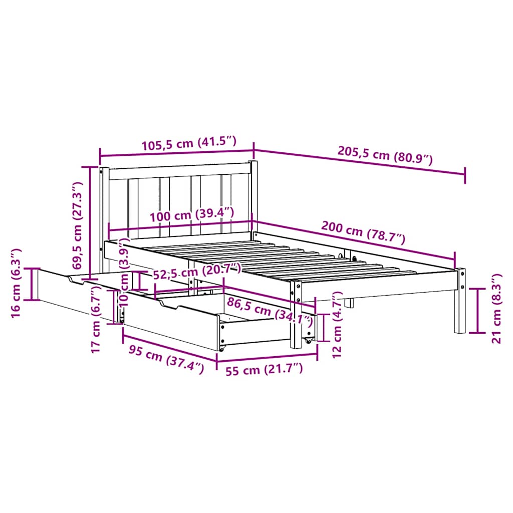 Cadre de lit sans matelas cire marron 100x200cm bois pin massif - XIOS
