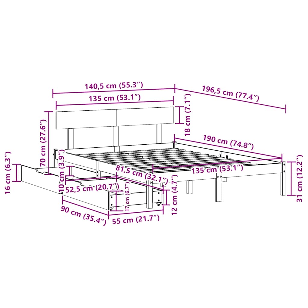 Cadre de lit sans matelas blanc 135x190 cm bois de pin massif - XIOS