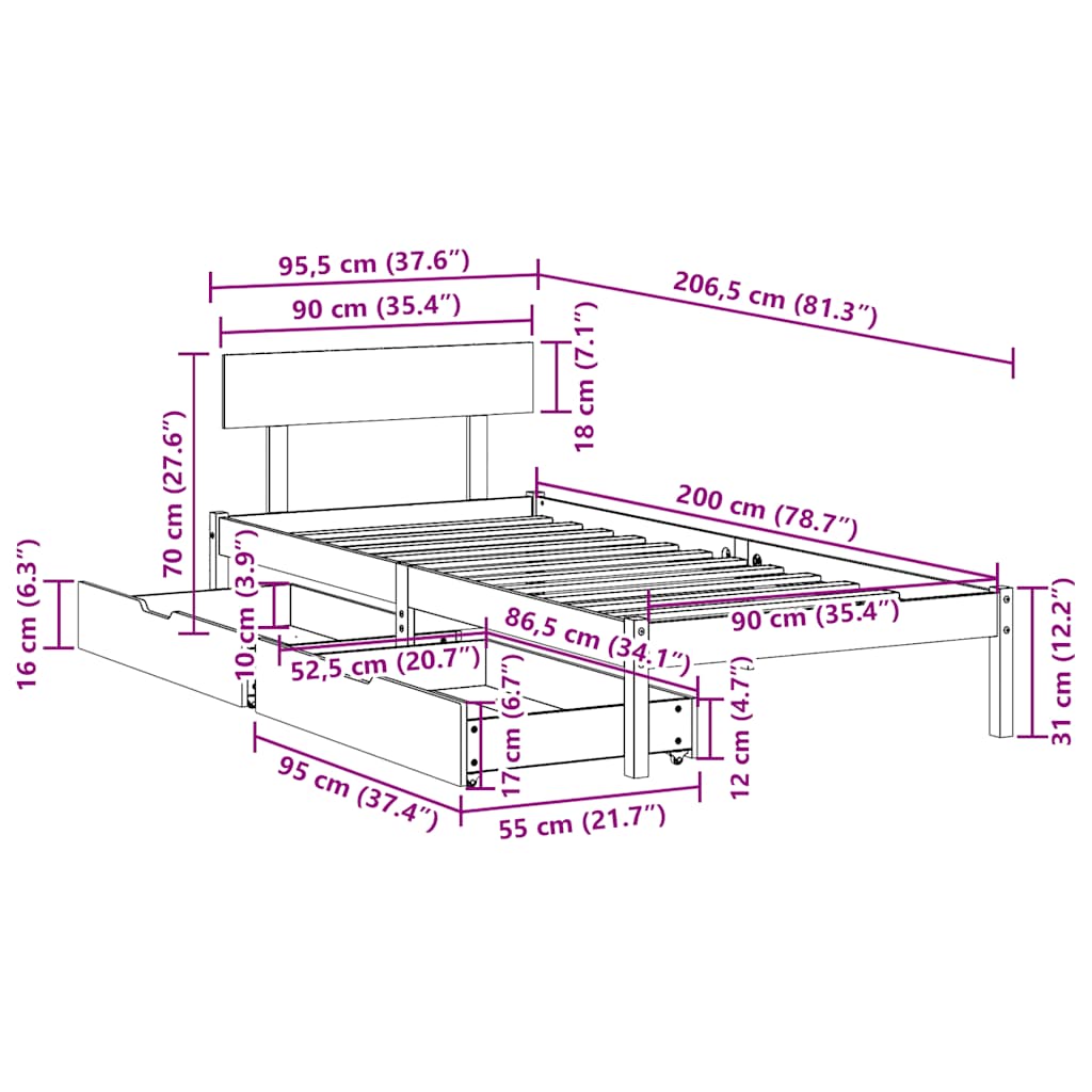 Cadre de lit sans matelas 90x200 cm bois de pin massif - XIOS