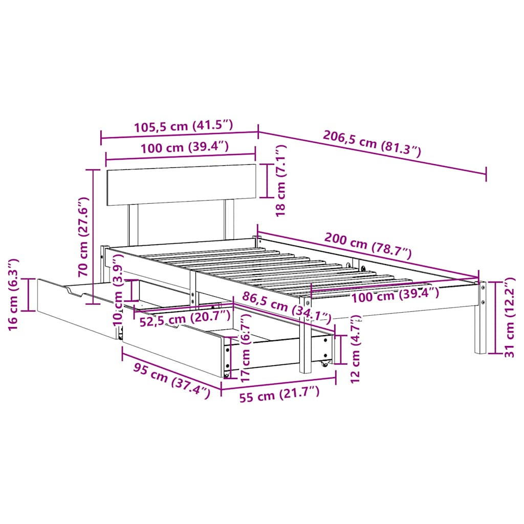 Cadre de lit sans matelas blanc 100x200 cm bois de pin massif - XIOS