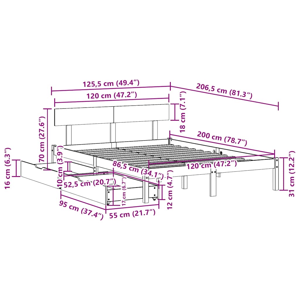 Cadre de lit sans matelas blanc 120x200 cm bois de pin massif - XIOS