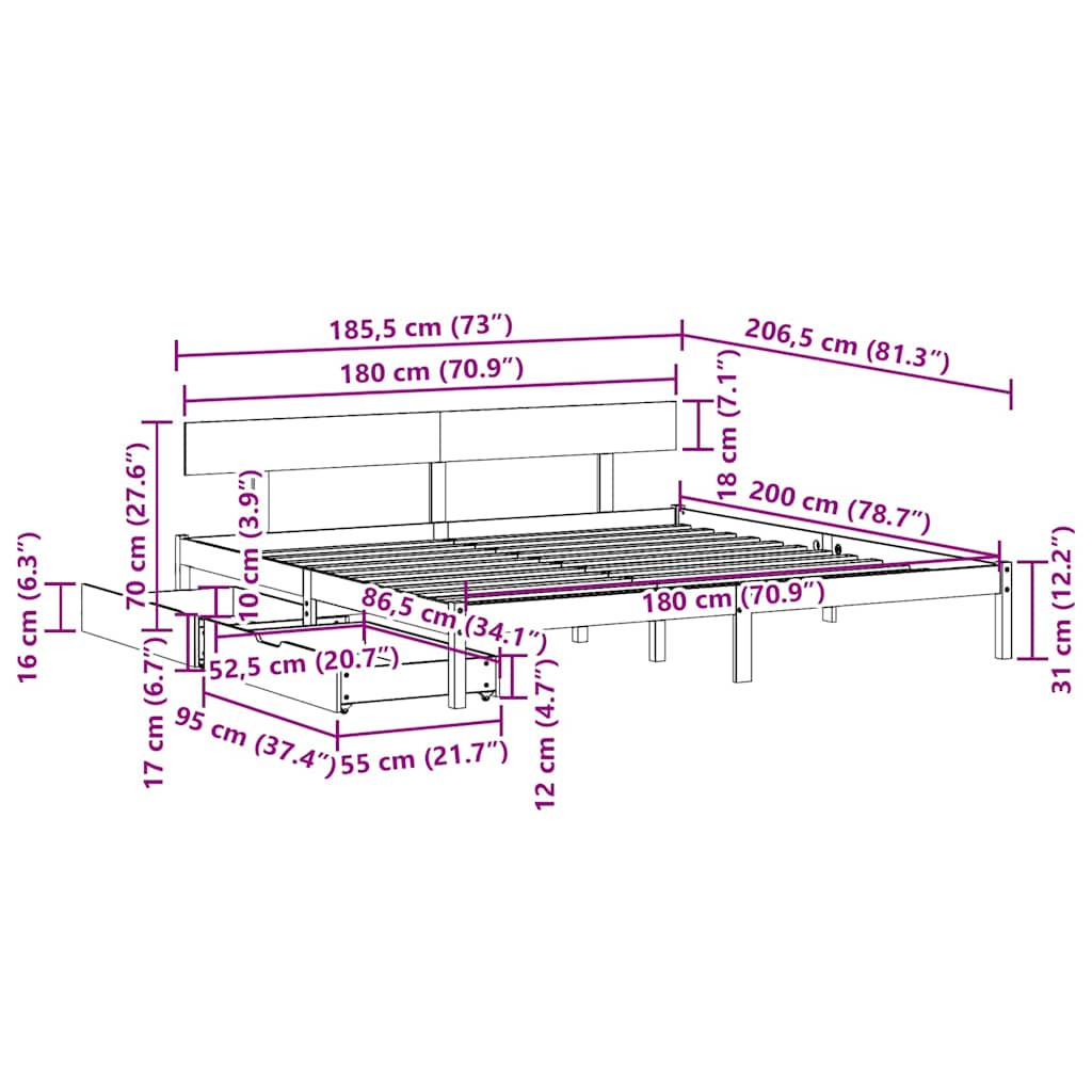Cadre de lit sans matelas 180x200 cm bois massif de pin - XIOS