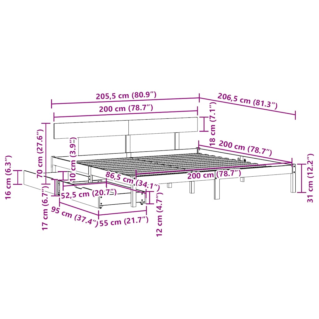 Cadre de lit sans matelas 200x200 cm bois massif de pin - XIOS