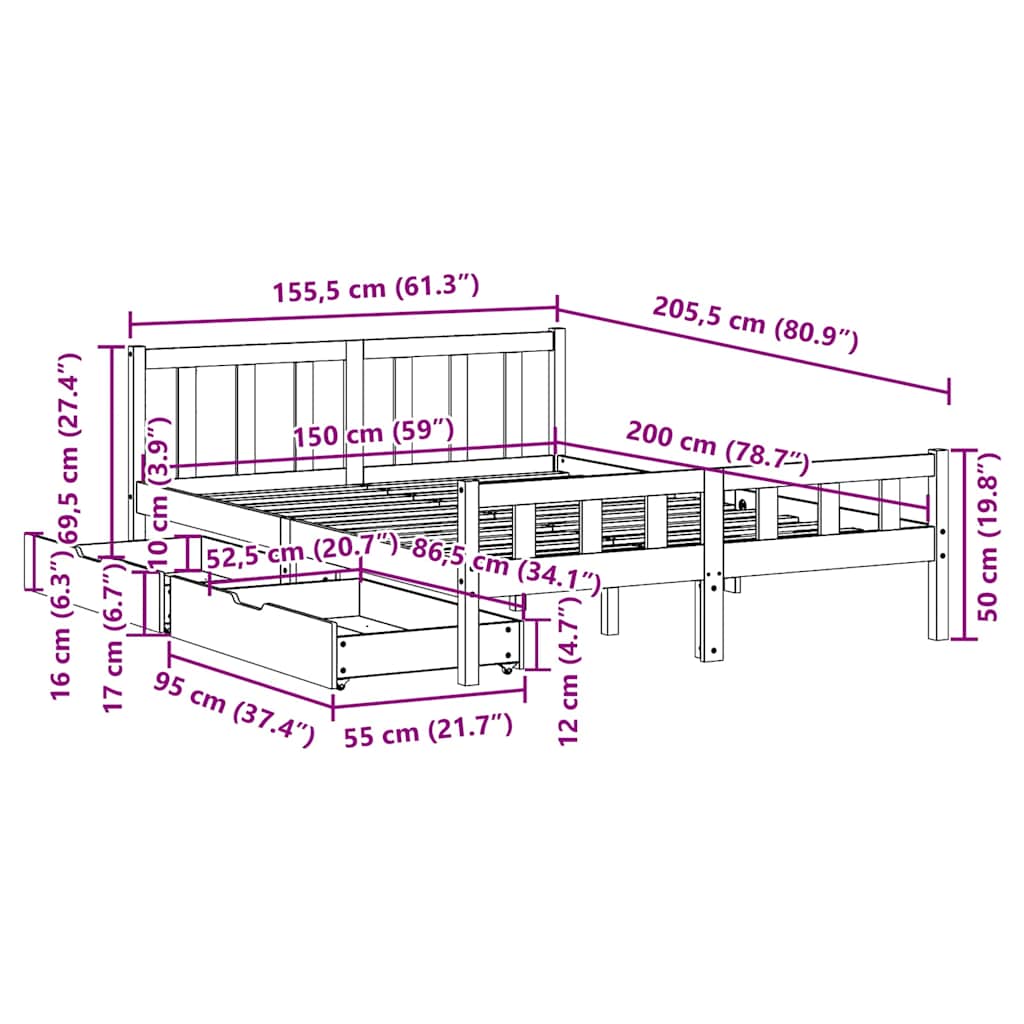 Cadre de lit sans matelas blanc 150x200 cm bois de pin massif - XIOS