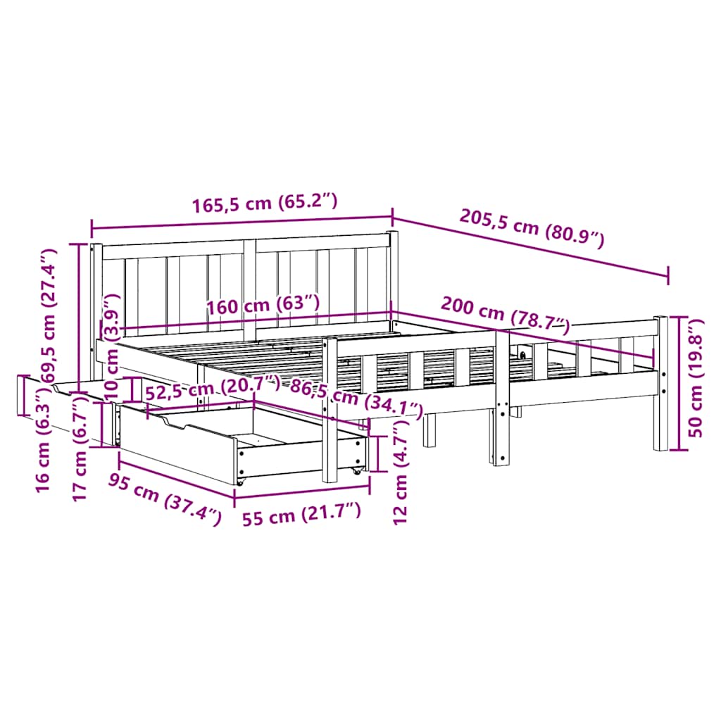 Cadre de lit sans matelas 160x200 cm bois massif de pin - XIOS