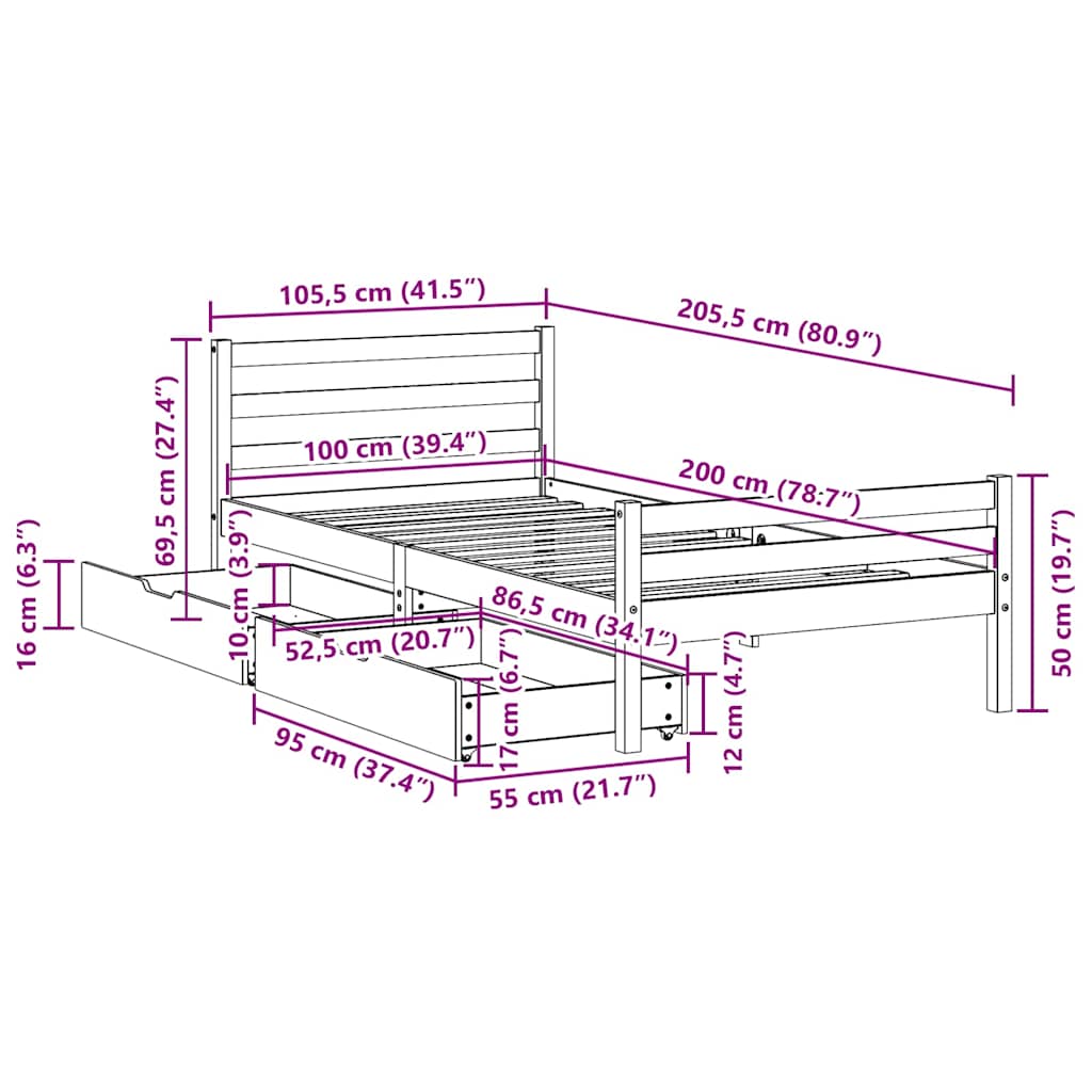 Cadre de lit sans matelas blanc 100x200 cm bois de pin massif - XIOS