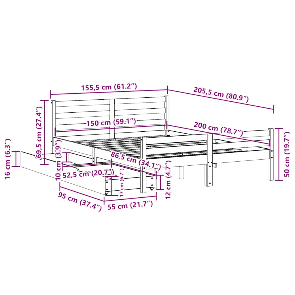 Cadre de lit sans matelas blanc 150x200 cm bois de pin massif - XIOS