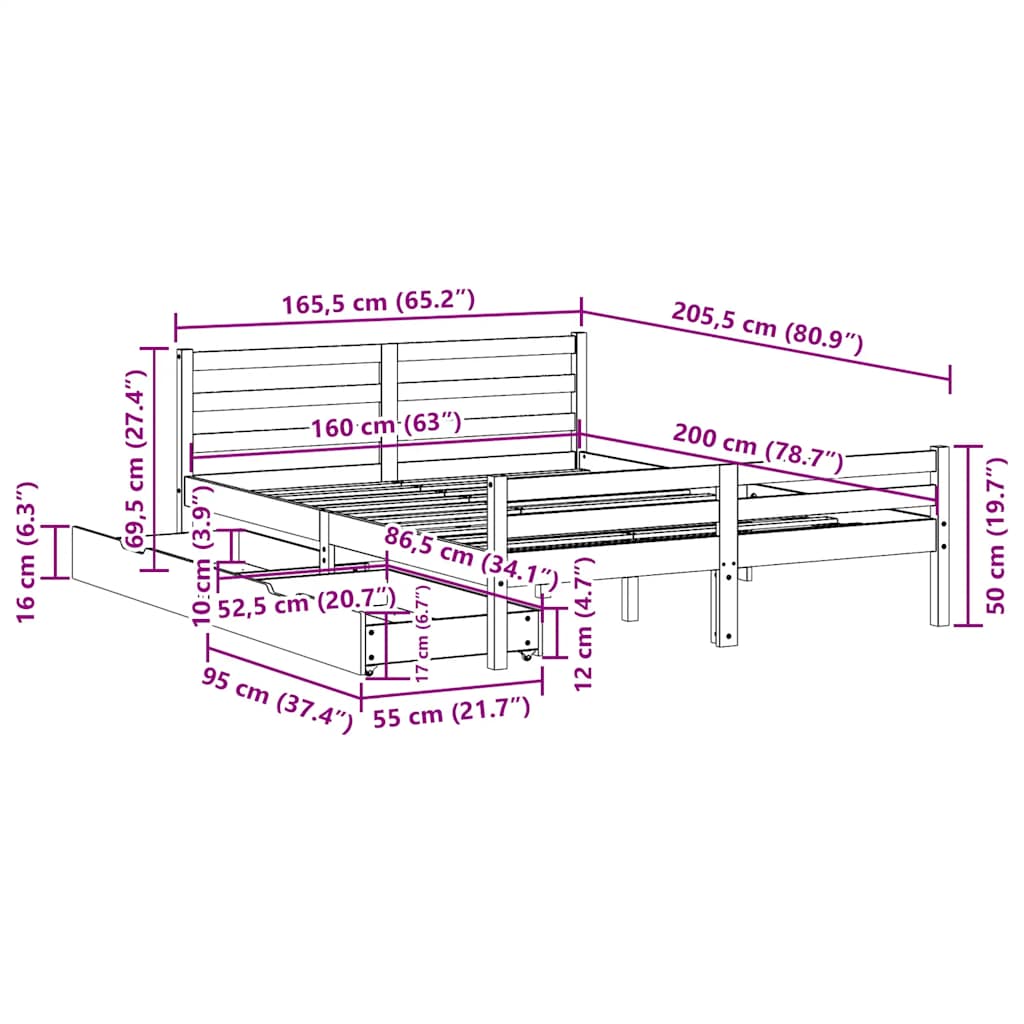 Cadre de lit sans matelas 160x200 cm bois massif de pin - XIOS