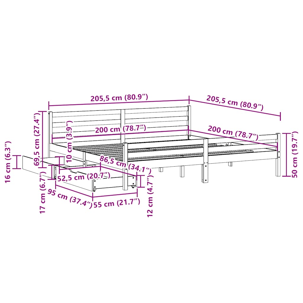 Cadre de lit sans matelas 200x200 cm bois massif de pin - XIOS