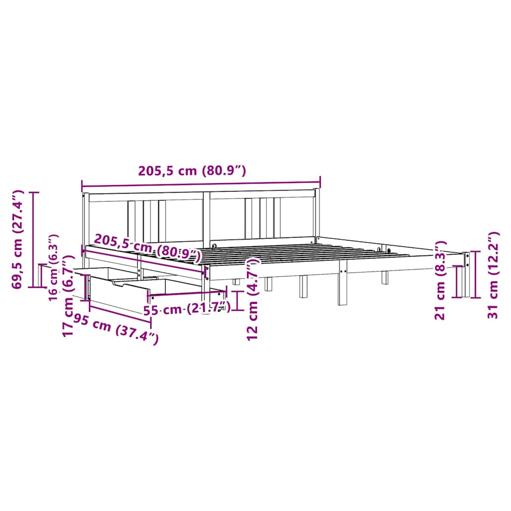 Cadre de lit sans matelas 200x200 cm bois massif de pin - XIOS