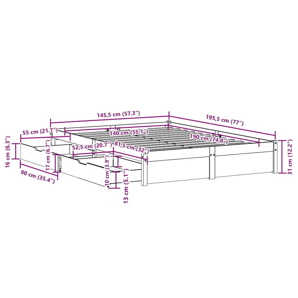 Cadre de lit sans matelas blanc 140x190 cm bois de pin massif - XIOS