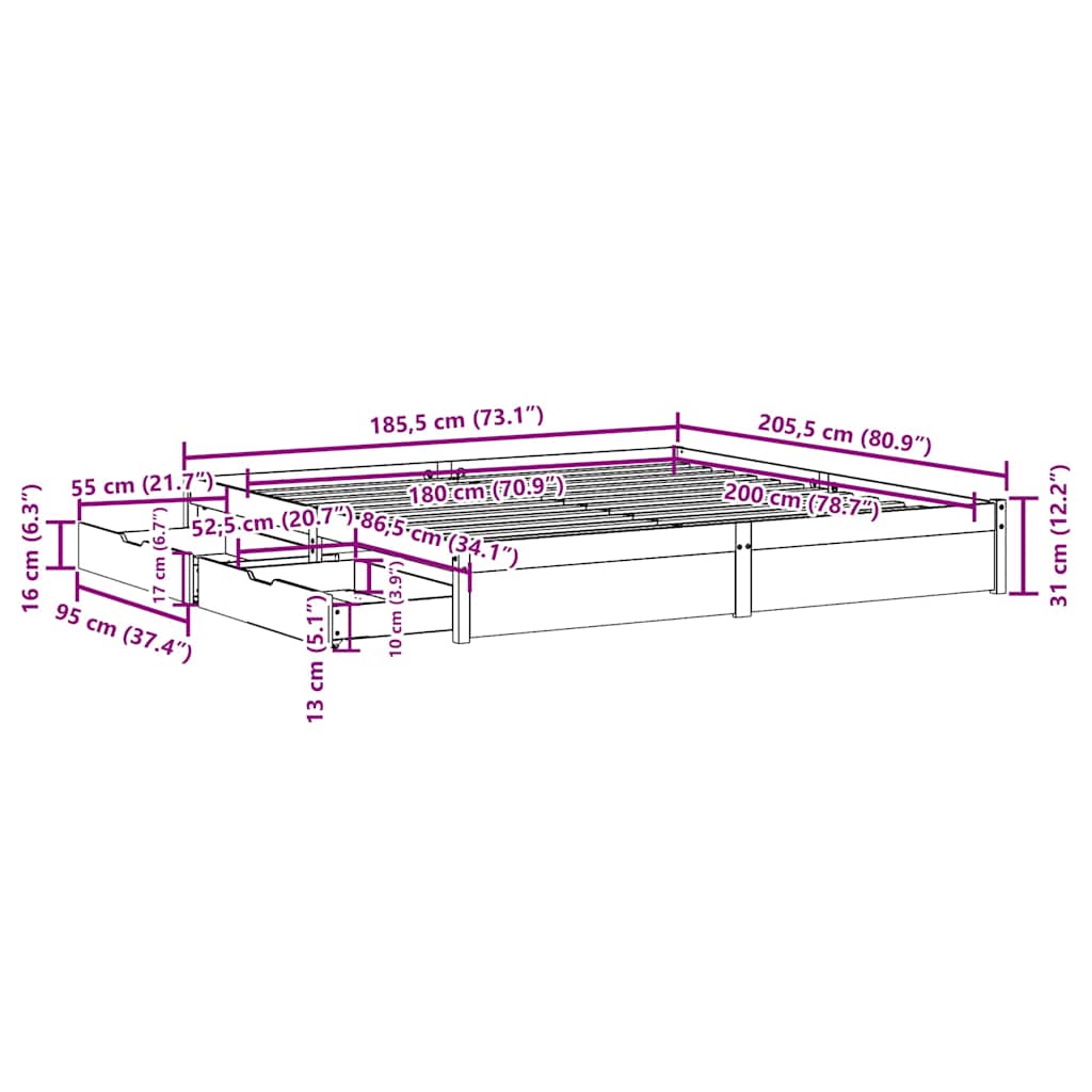Cadre de lit sans matelas 180x200 cm bois massif de pin - XIOS